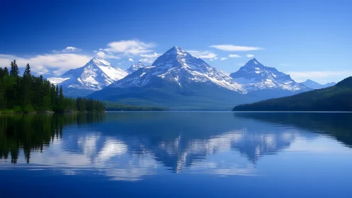 Snowcrowned peaks mirror-dance above a glassy sapphire lake.