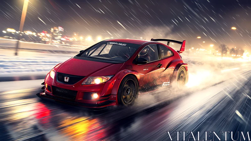 Red Honda Civic time-attack racer drifting on wet city road