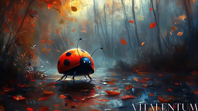 Tiny ladybug wandering through a misty autumn forest.