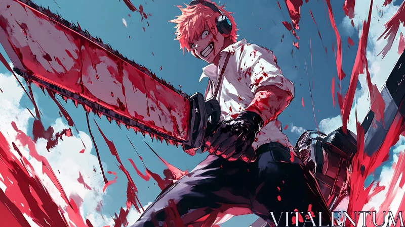 Blood-slick chainsaw brawler grinning beneath a cruel sky.