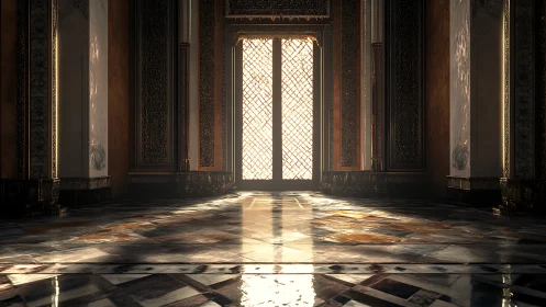 Sunlit ornate palace corridor with reflective marble floor