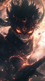 Smiling ember spirit wrapped in swirling molten shadows.