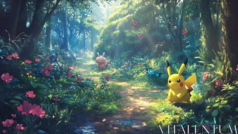Enchanted Forest Path with Pikachu and Companion Characters in Sunlit Glade.