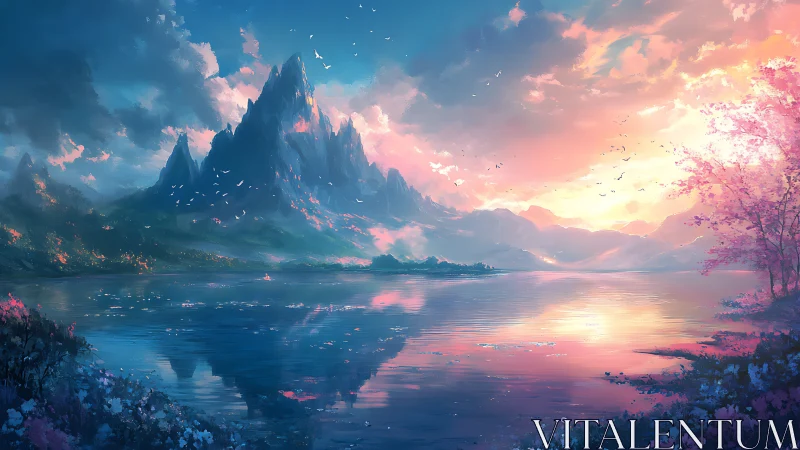 Mountain lake at sunrise with vivid sky and blossoms.