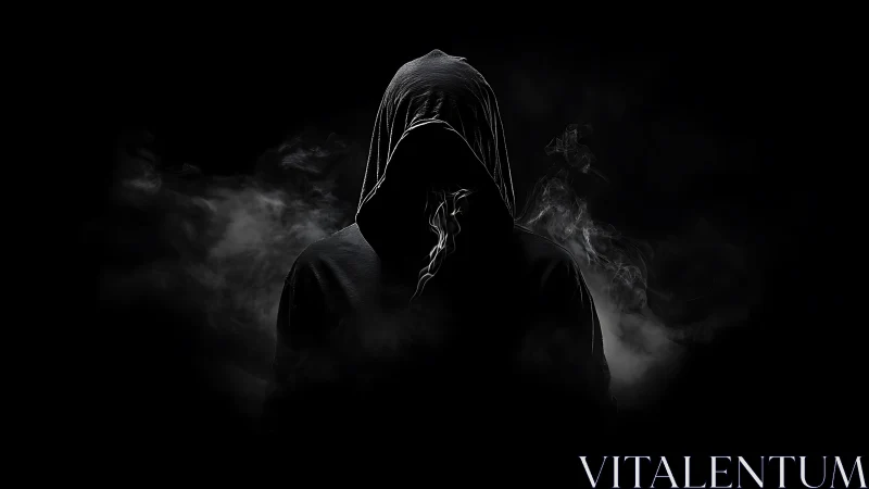 Hooded phantom rising from shadowed smoke and midnight silence.