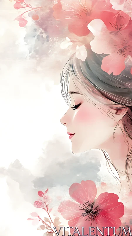 Serene profile of a young woman blooms amid soft florals