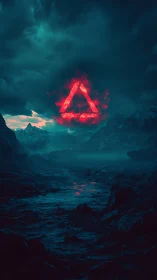 Glowing red triangle hovers over a storm-dark alien valley