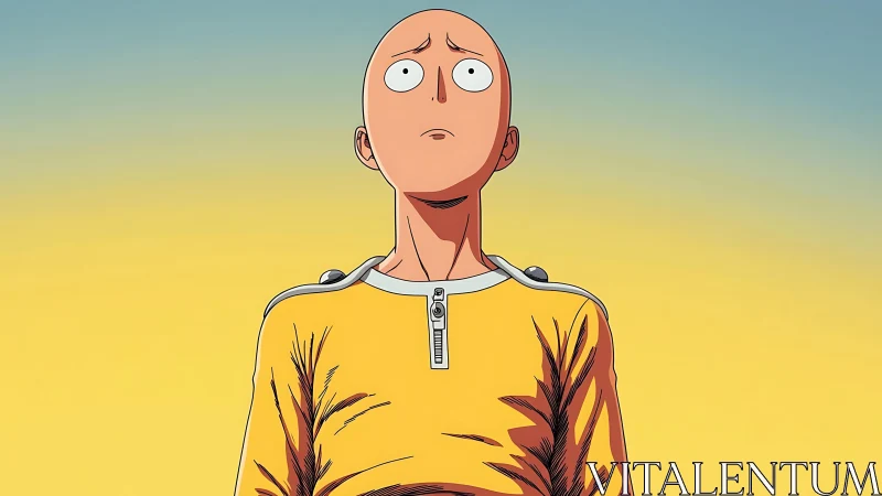 Bald anime character in yellow suit against gradient sky.