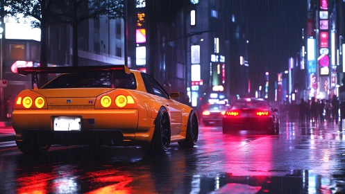 Yellow tuner coupe under neon rain on reflective city street.