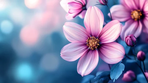 Pink cosmos flowers with golden stamens in soft focus blue background