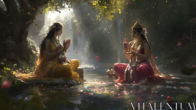 Two women sit in forest river clearing performing ritual