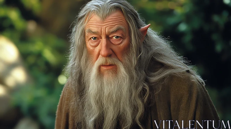 Elderly elf-like figure with long grey hair in forest setting.