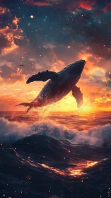 Sky-bound whale bursts through ember-lit cosmic surf.