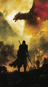 Dragonfire horizon over lone swordsman in molten dusk.