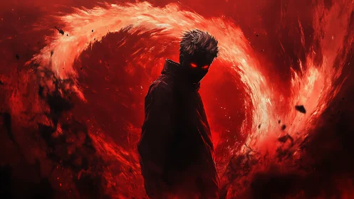 Crimson vortex engulfs dark anime figure with glowing eyes.