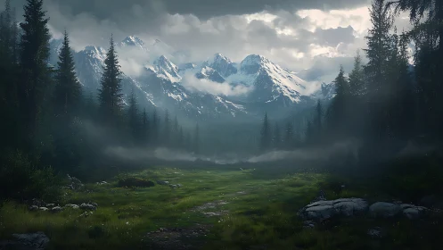 Misty mountain meadow opening onto quiet snow capped peaks.