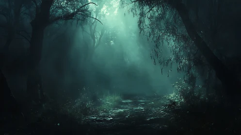 Dark misty forest path under narrow beam of pale light.