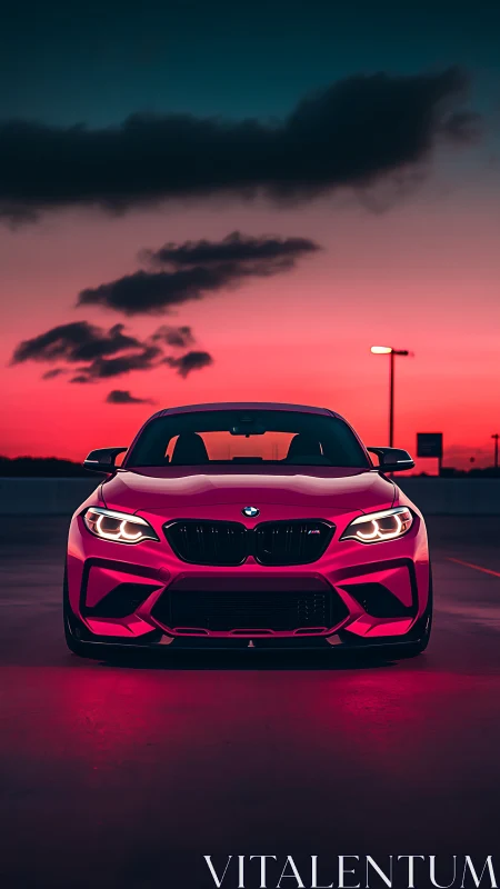 Front-lit BMW sports coupe under magenta twilight sky.