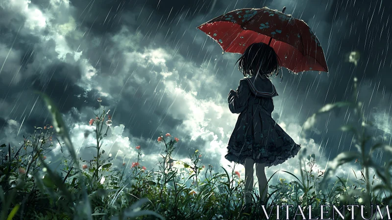 Girl with red umbrella pauses in a stormlit wildflower field
