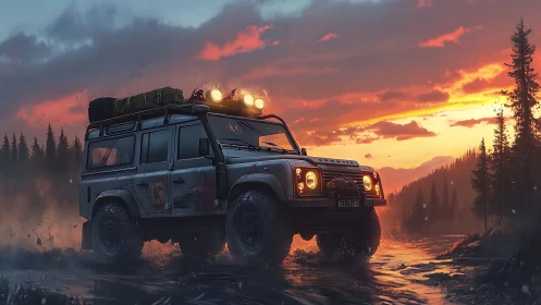 Off-road SUV crossing muddy river at vivid sunset.