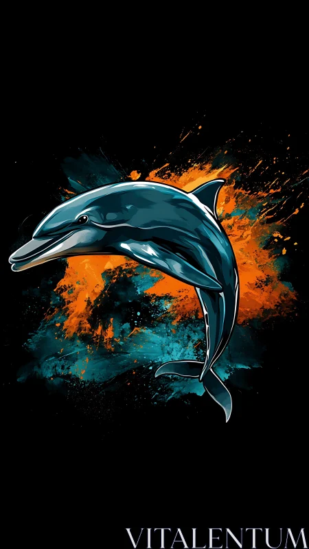 Dynamic dolphin leaps through bold teal and orange splashes