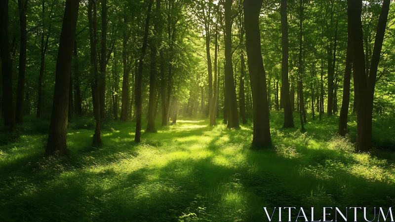 Sunlit green forest with tall trees, serene nature landscape, realistic style.