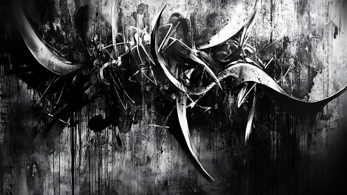 Monochrome abstract metallic arcs on textured wall surface.