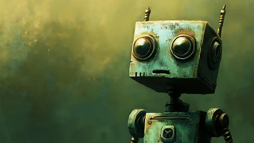 Rustic boxy robot in moody green atmospheric glow.