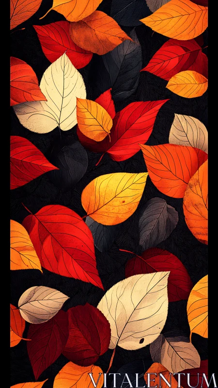 Autumn foliage pattern in saturated red, gold, and charcoal tones.