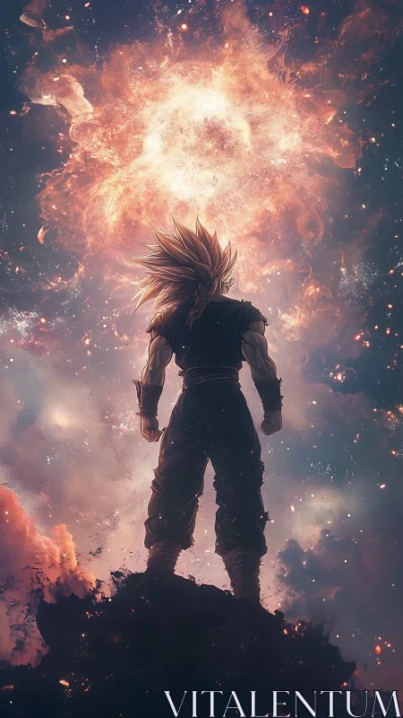 Backlit anime warrior studies erupting nebula-scale energy core