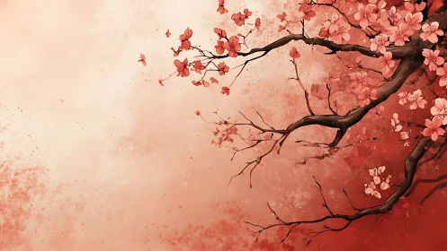 Asymmetrical cherry branch composition with graded red wash background