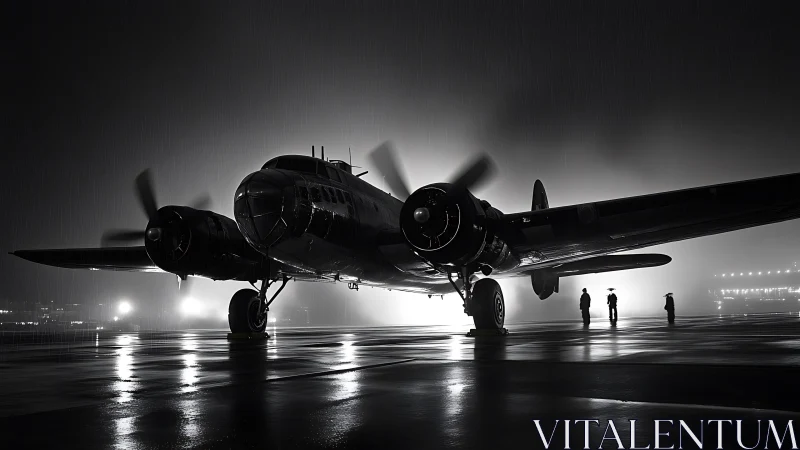 Midnight bomber waits in silver rain and runway haze.