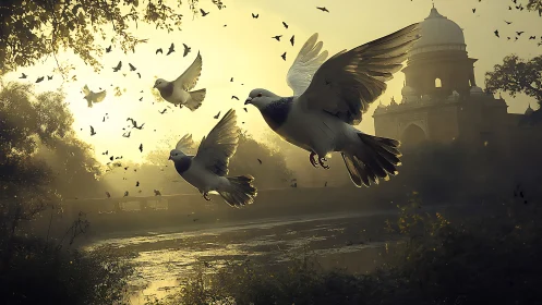 Golden morning flight of doves over a quiet riverside temple.