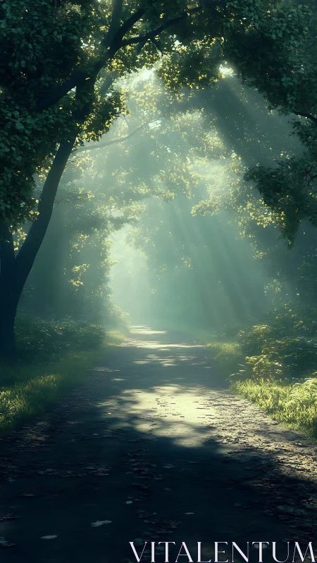 Forest Path with Morning Light Filtering Through Trees.
