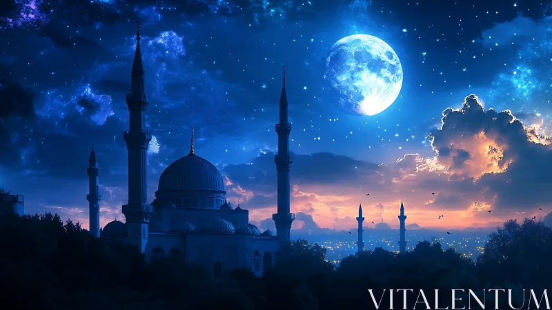 Mosque silhouette under vivid moonlit twilight sky.