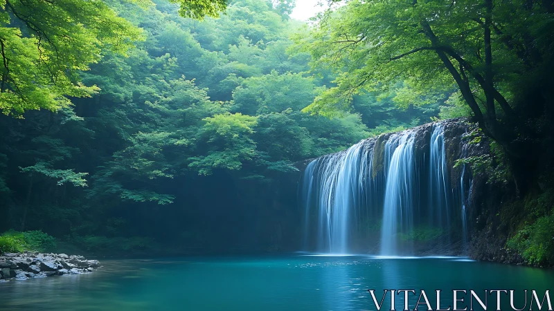 Lush forest waterfall panorama with tranquil turquoise basin.