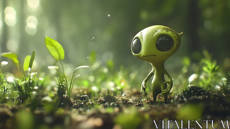 Bioluminescent alien child studies seedlings in soft forest bokeh