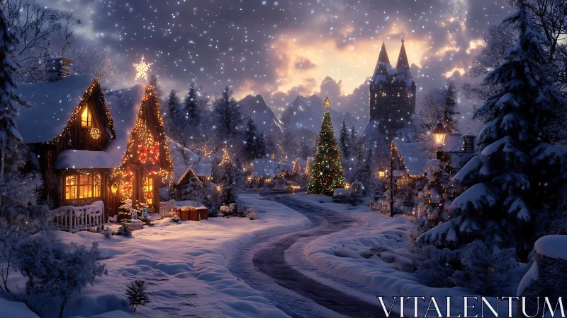 Snow-laden village street with illuminated festive cottages.