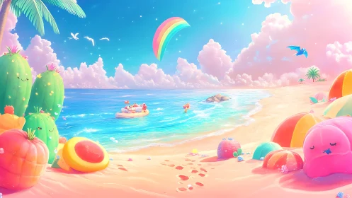 Whimsical Beach Paradise with Pool Floats and Rainbow.