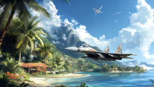 Fighter jet speeds over tropical island resort during daylight patrol.