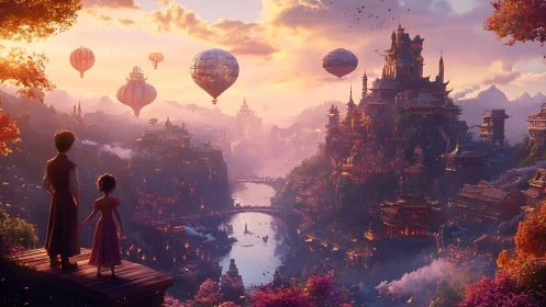 Children greet a lantern sky above a riverborne fantasy city.