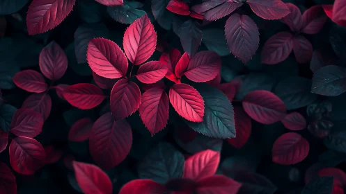 Crimson foliage cluster under moody teal shadowed canopy.