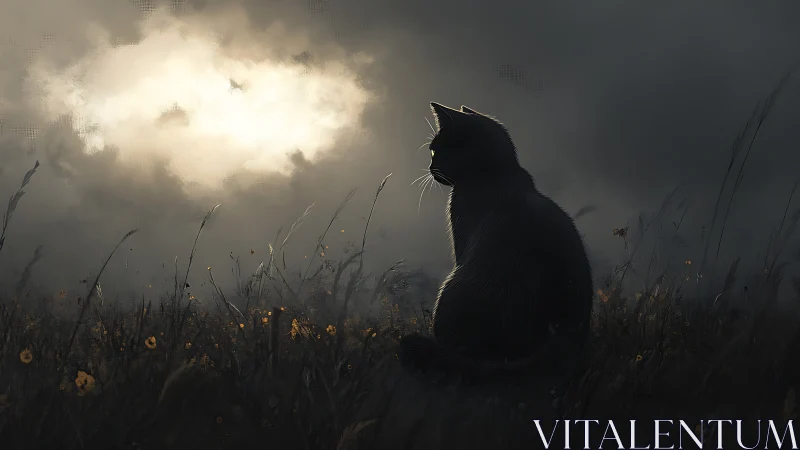 Solitary Black Cat Silhouette in Misty Autumn Field