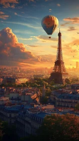 Sunlit Parisian skyline with hot air balloon over Eiffel Tower.