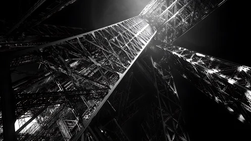 Eiffel Tower structure in dramatic black and white abstract view.