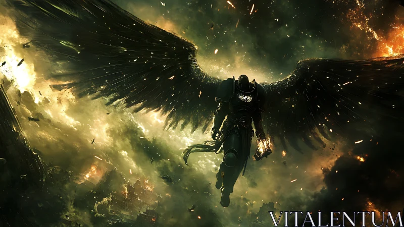 Armored dark angel descends in firelit apocalyptic skies