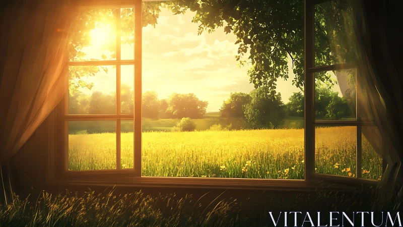 Sunlit rural field viewed through open window frame.