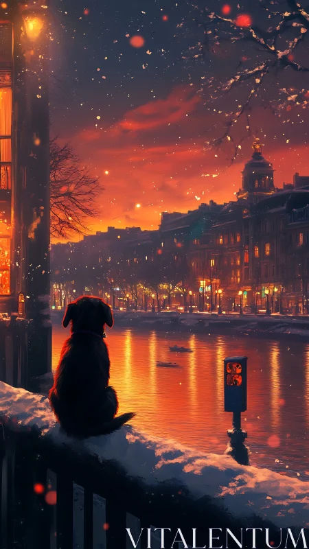 Solitary dog watches snowy canal under fiery winter sunset