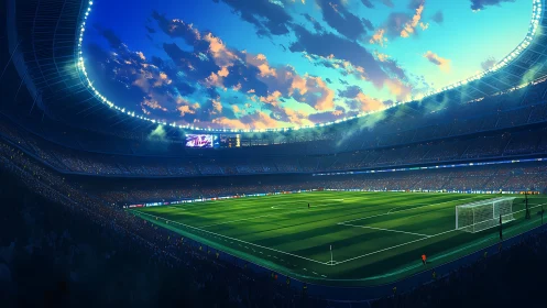 Stadium sky glows while a emerald pitch awaits roaring legends