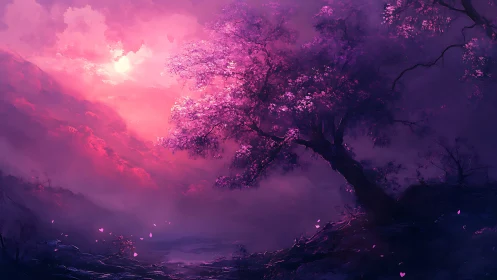 Twilight cherry tree leans over misted valley in magenta light